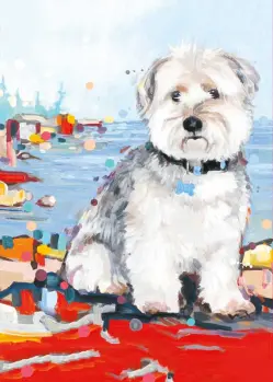 White sheep dog with black collar, blue tag on red foreground and blue bay in background