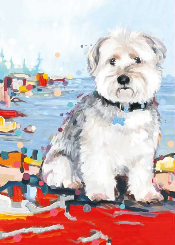 White sheep dog with black collar, blue tag on red foreground and blue bay in background